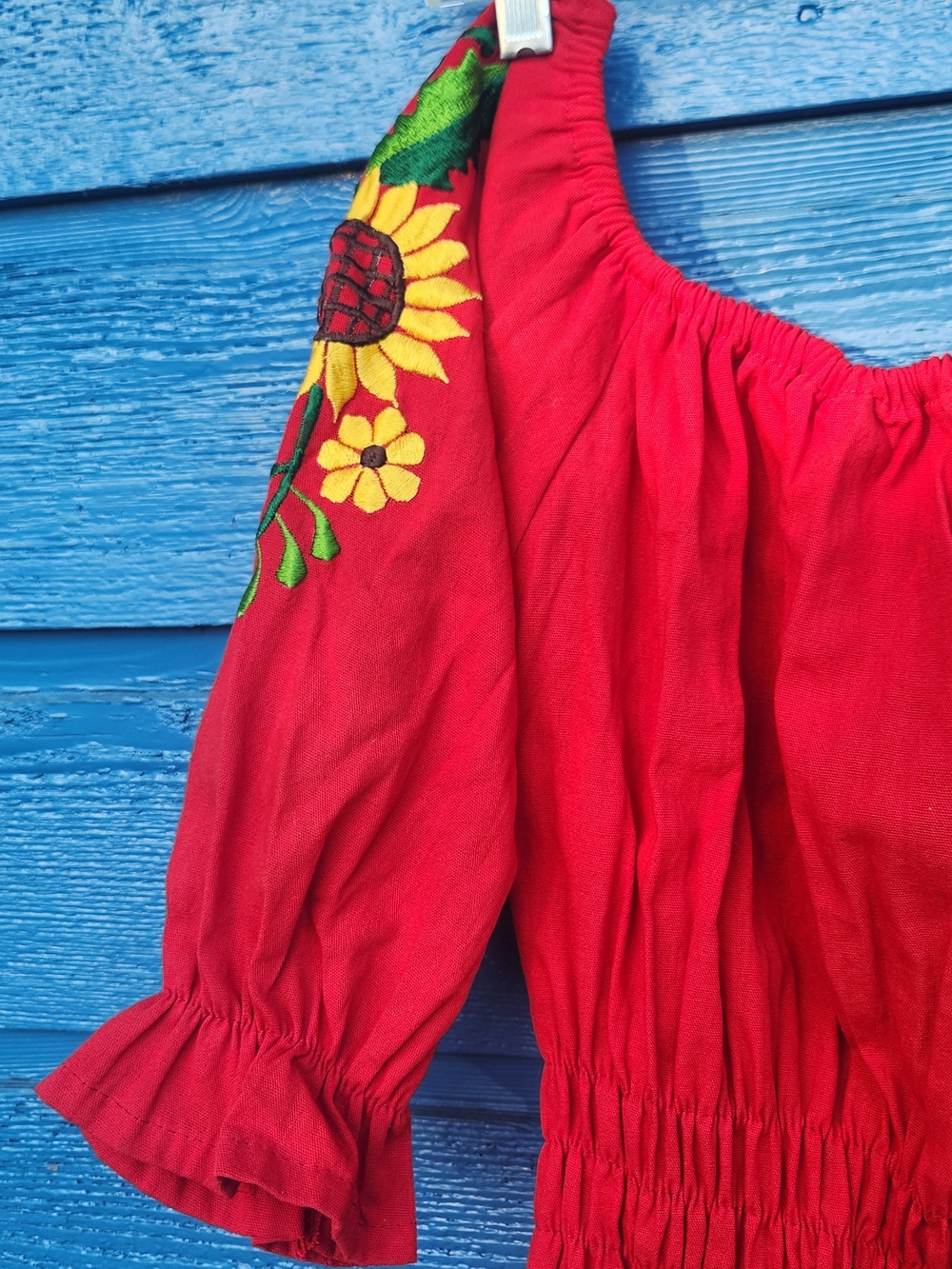 Red Embroidered Peasant Top with Sunflower Detail - Picture 7 of 7